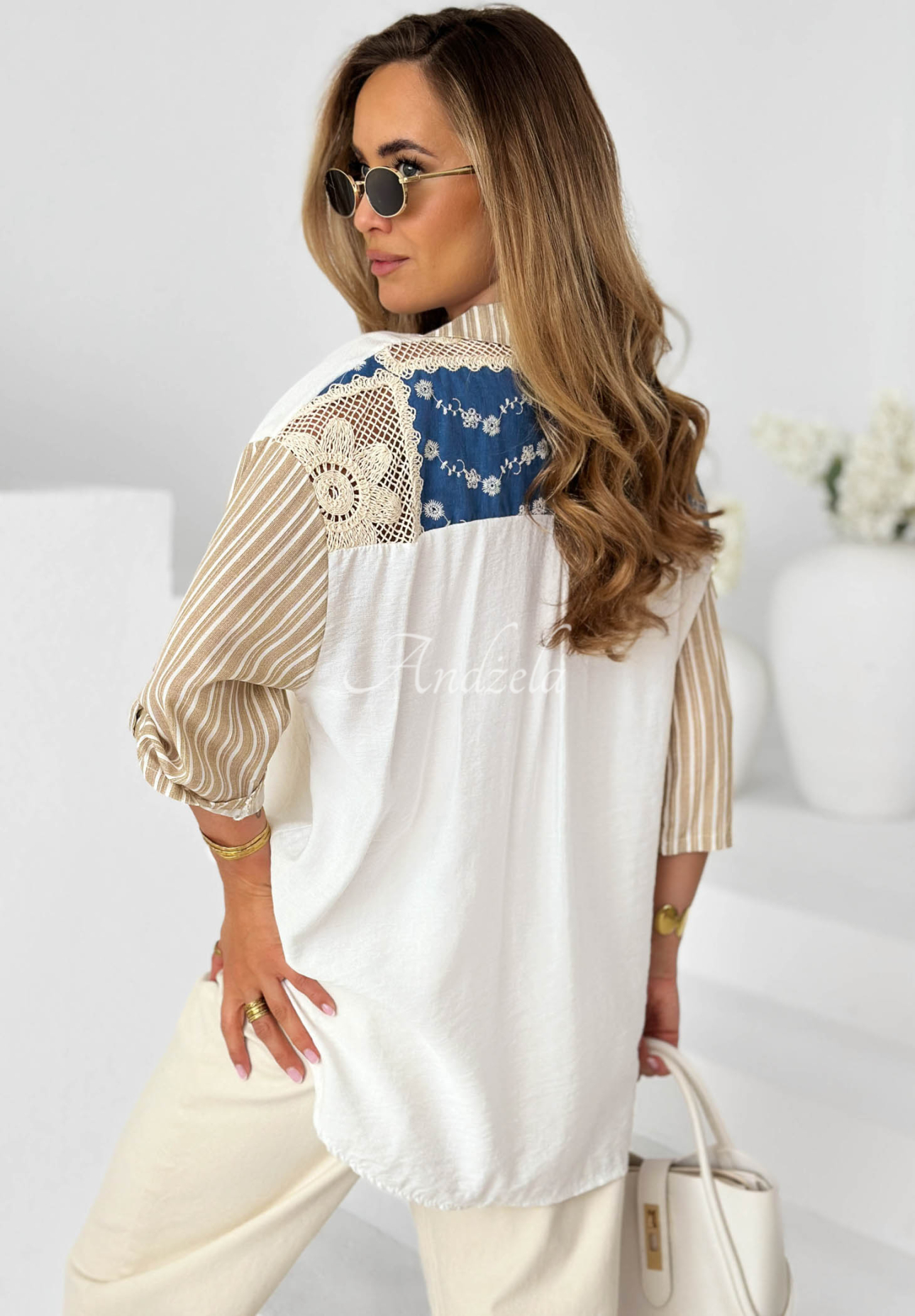 Oversize-Hemd mit Stickereien und Streifen Island Paradise weiß-Beige