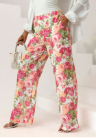 Lniane Hose wide leg w kwiaty Warm Touch różowo-Grün