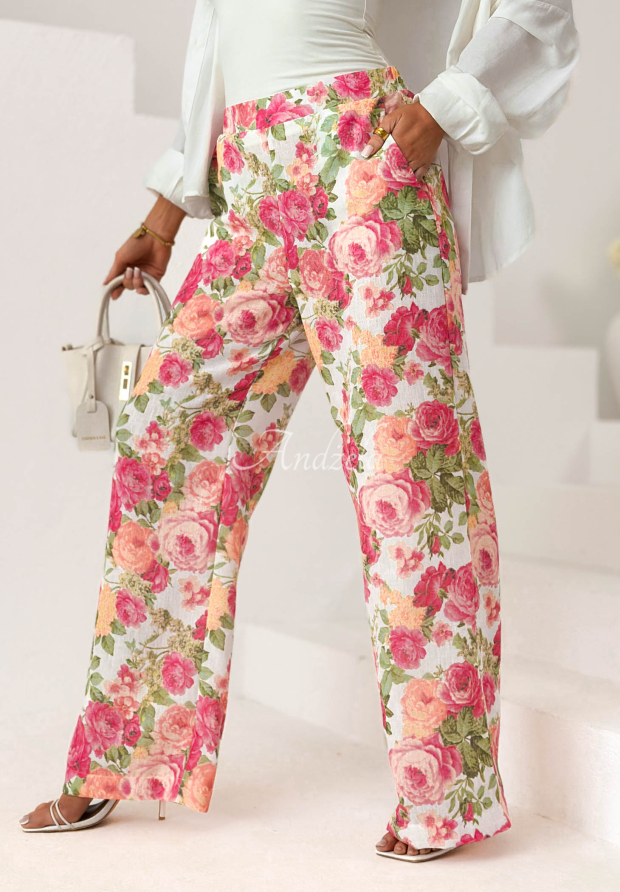 Leinenhose wide leg mit Blumenmuster Warm Touch rosa-gr&uuml;n