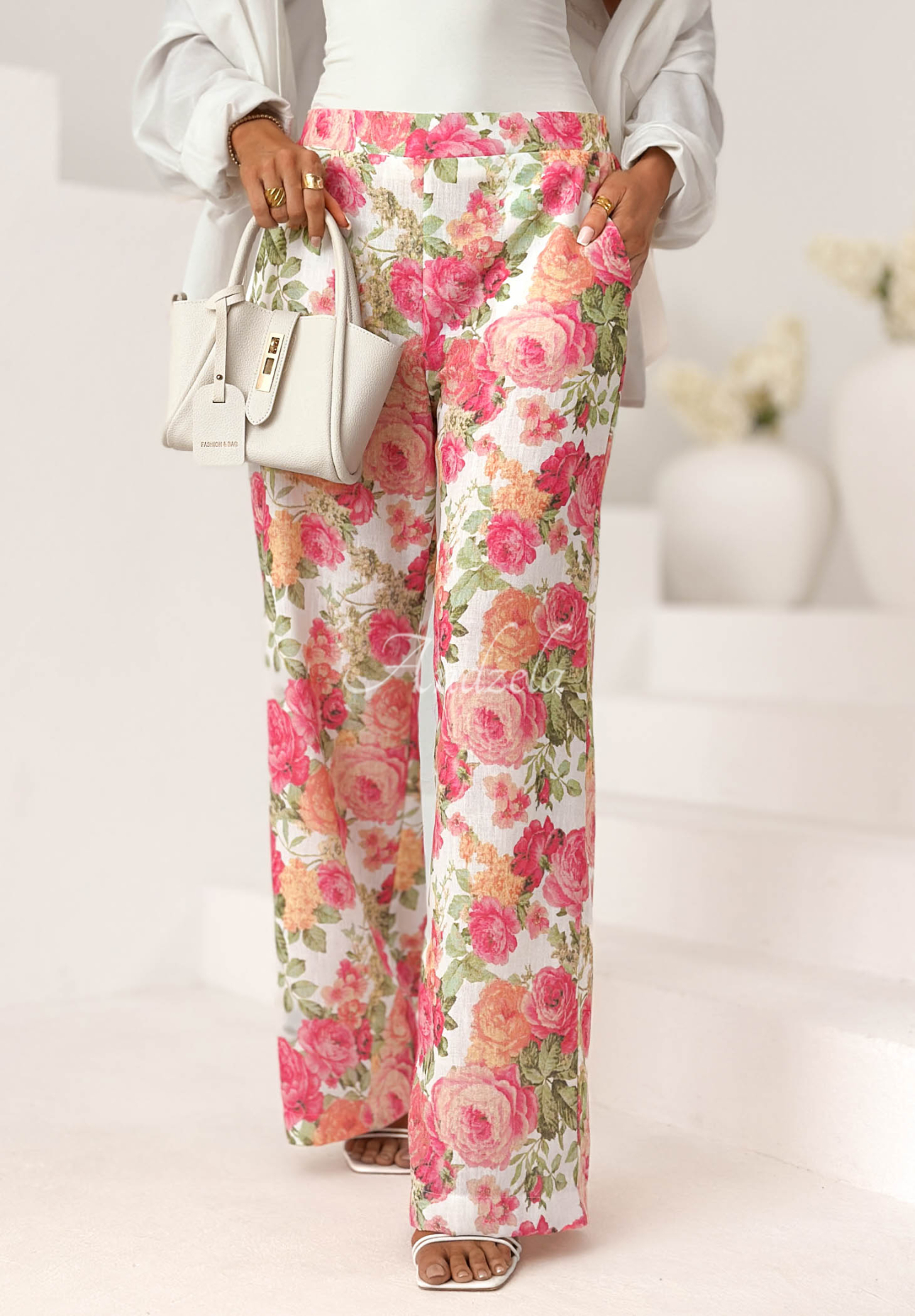 Leinenhose wide leg mit Blumenmuster Warm Touch rosa-grün