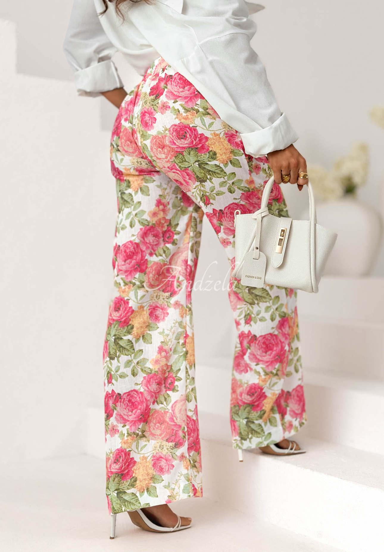 Leinenhose wide leg mit Blumenmuster Warm Touch rosa-grün
