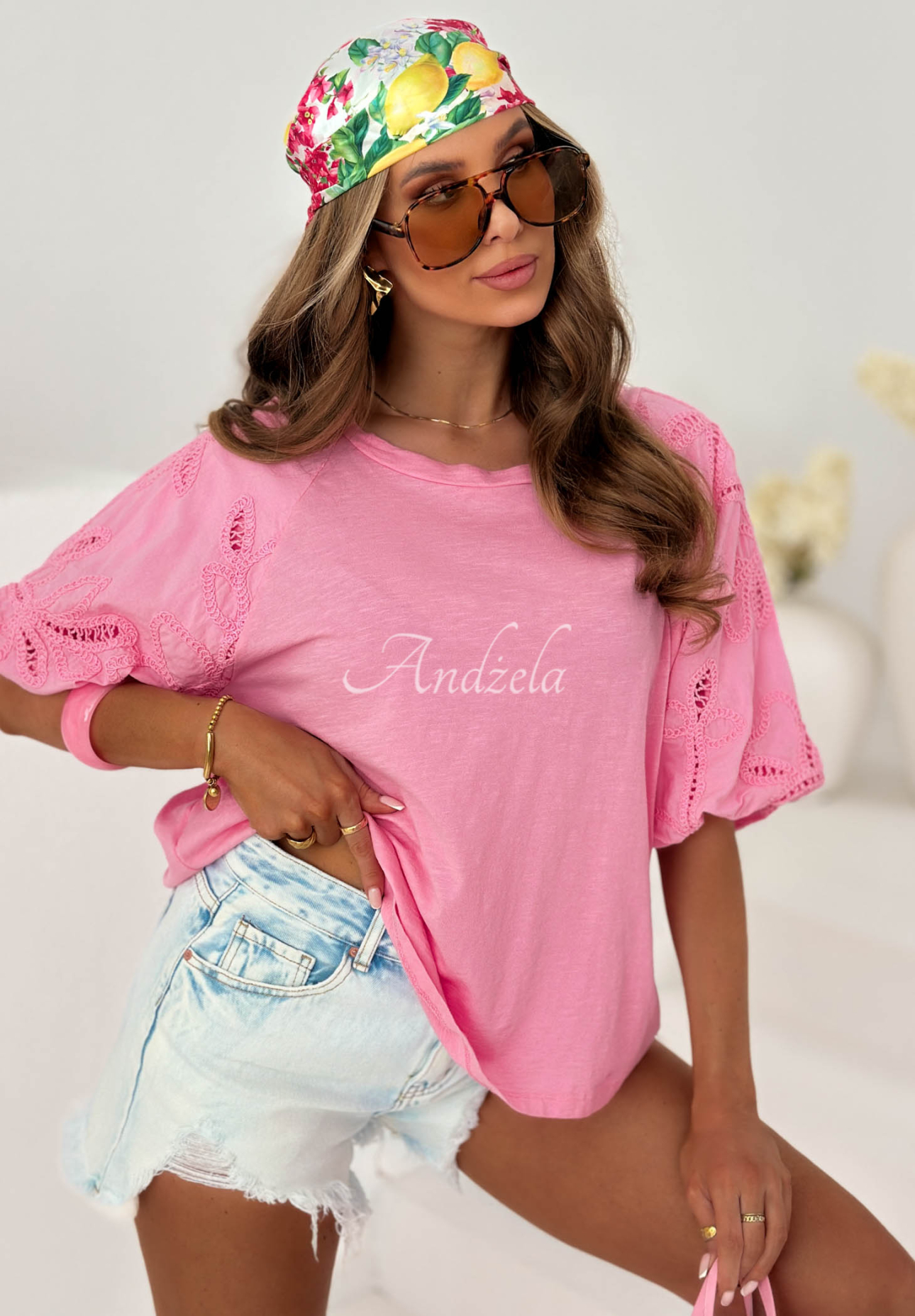 Baumwollbluse mit durchbrochenen Puffärmeln Positano Holiday Rosa