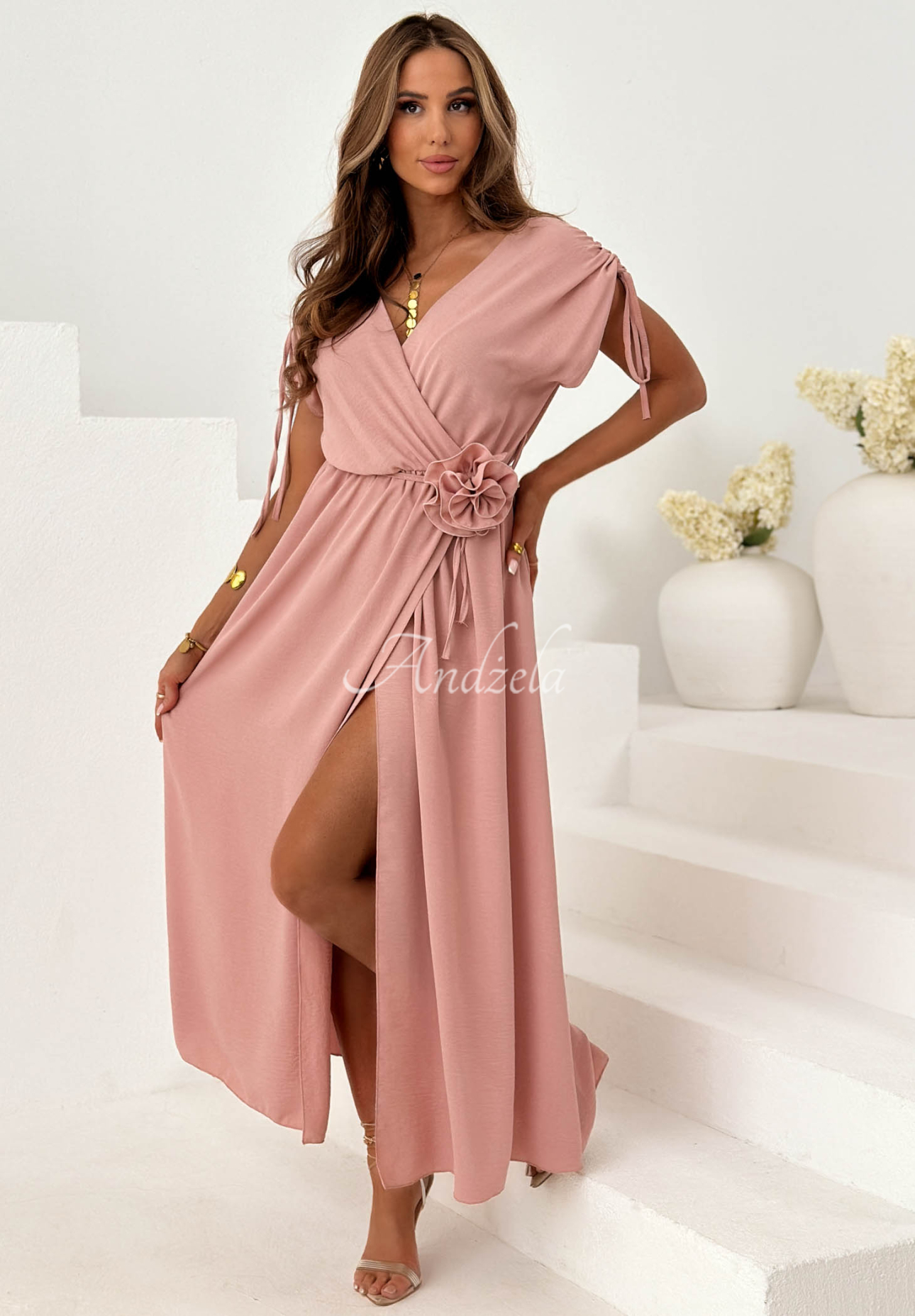 Viskose-Kleid mit Kordelzügen und einer Rose Dreamy Garden Puderrosa