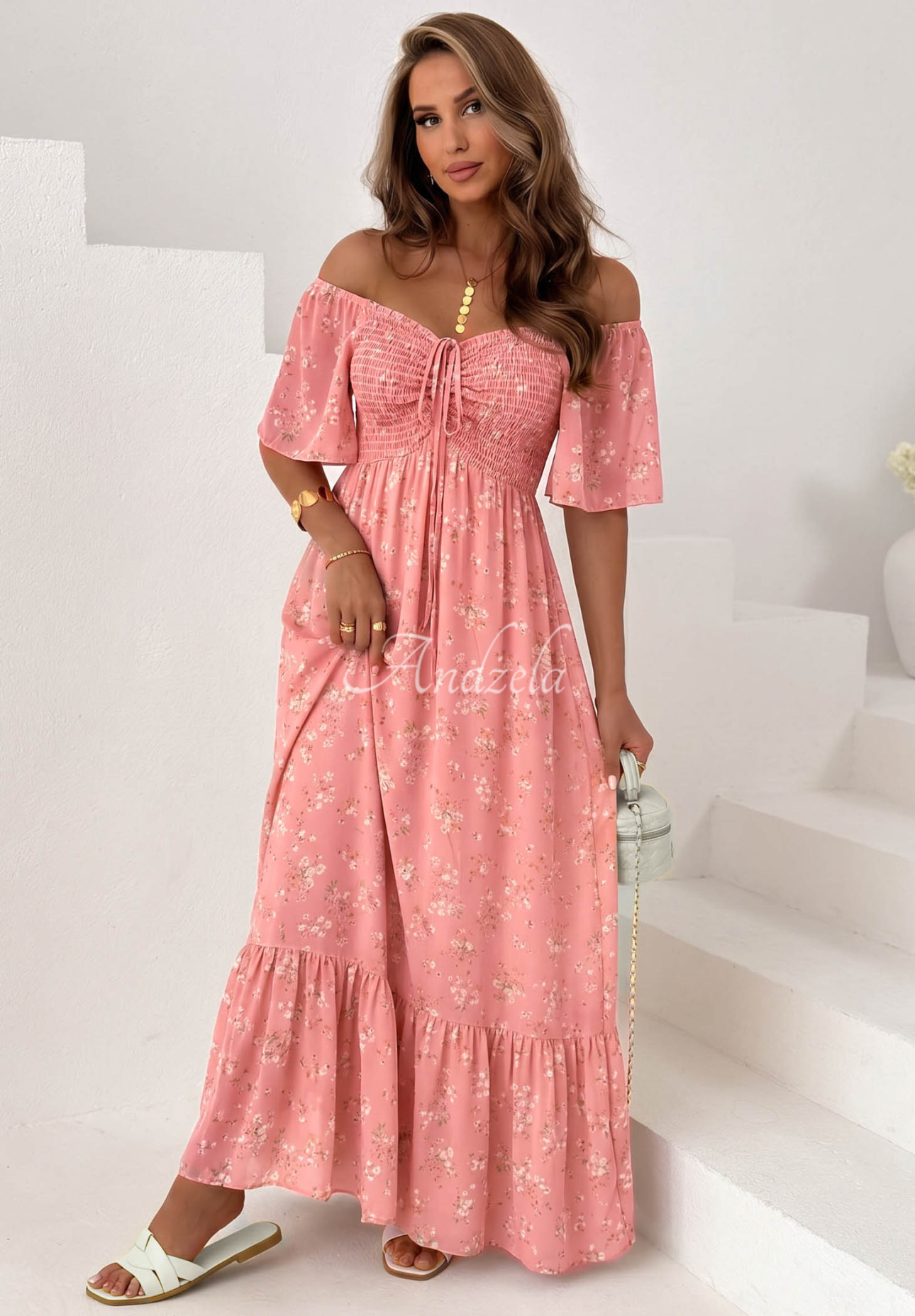 Viskose-Kleid mit Bindeband, Rüsche und Blumenmuster Summer Garden Rosa