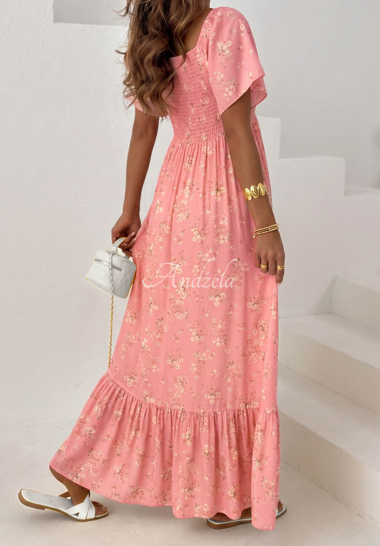 Viskose-Kleid mit Bindeband, Rüsche und Blumenmuster Summer Garden Rosa
