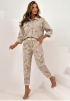 Kwieciste Hose mom fit z paskiem Olive Beige