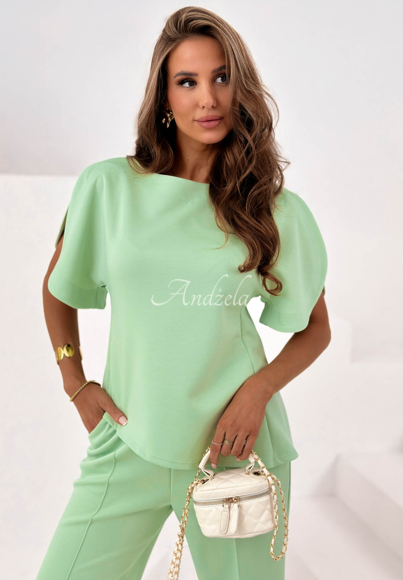 Set asymmetrische Bluse und Hose mit weitem Bein wide leg mit Viskose Comfy Trip Pistaziengrün