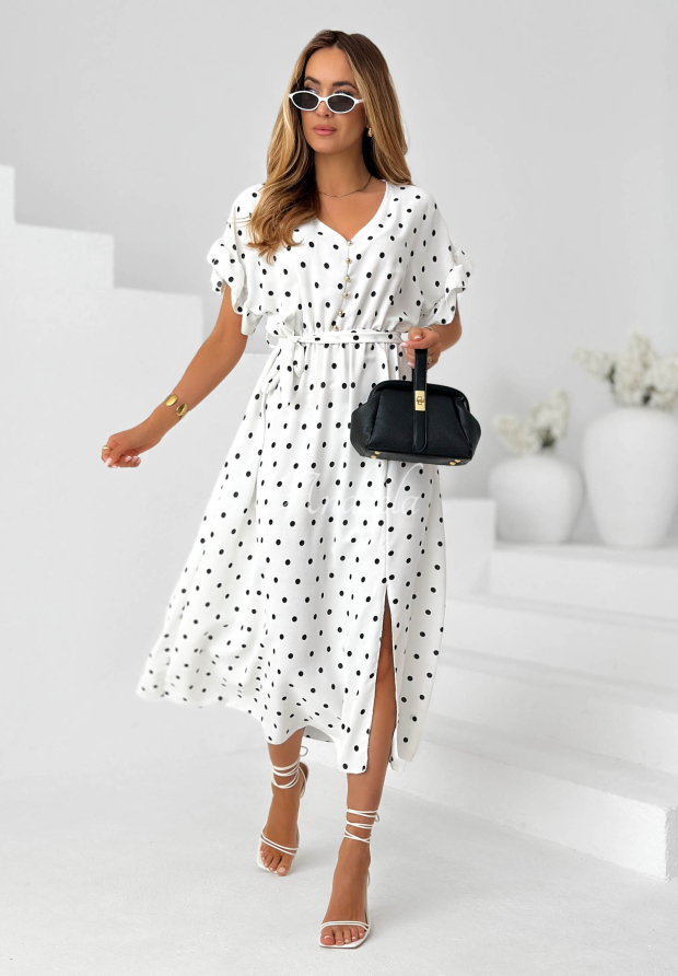 Gepunktetes Kleid mit G&uuml;rtel und Viskose Take A Chance Ecru