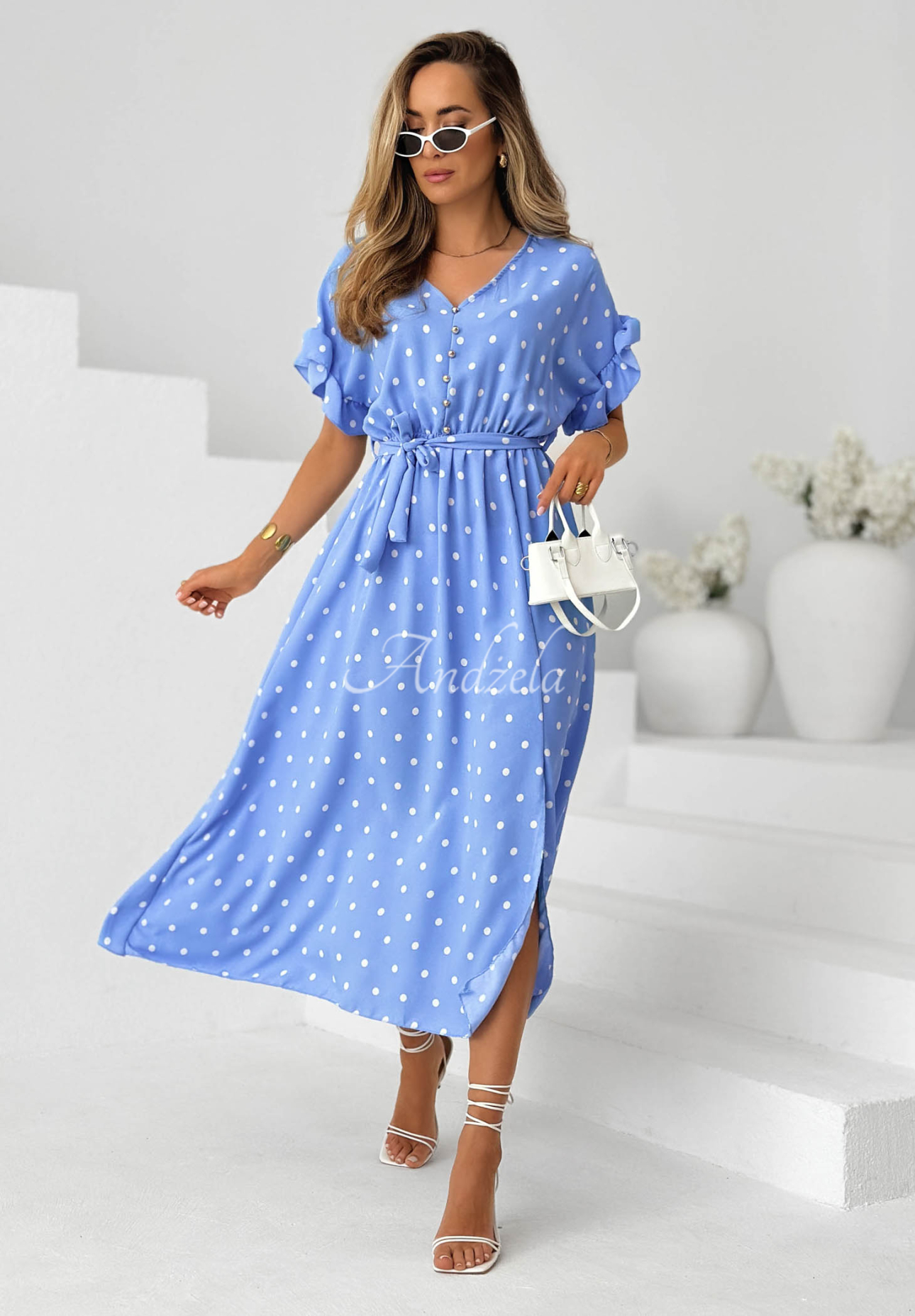 Gepunktetes Kleid mit Gürtel und Viskose Take A Chance Blau