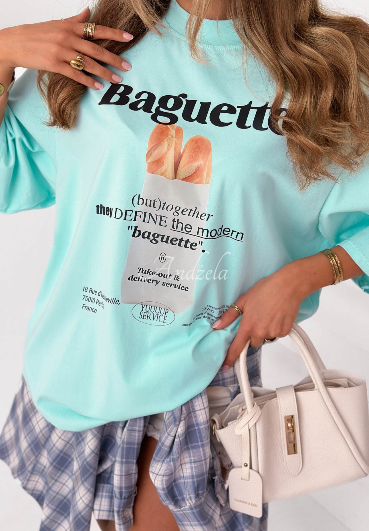 Baumwoll-T-Shirt mit Aufdruck Baguette Himmelblau