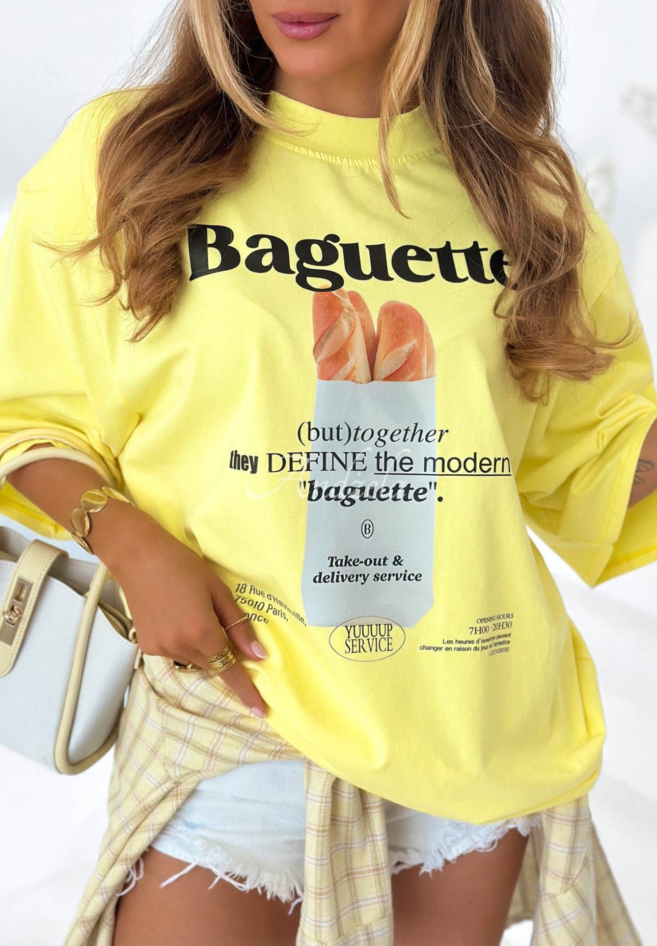 Baumwoll-T-Shirt mit Aufdruck Baguette Gelb