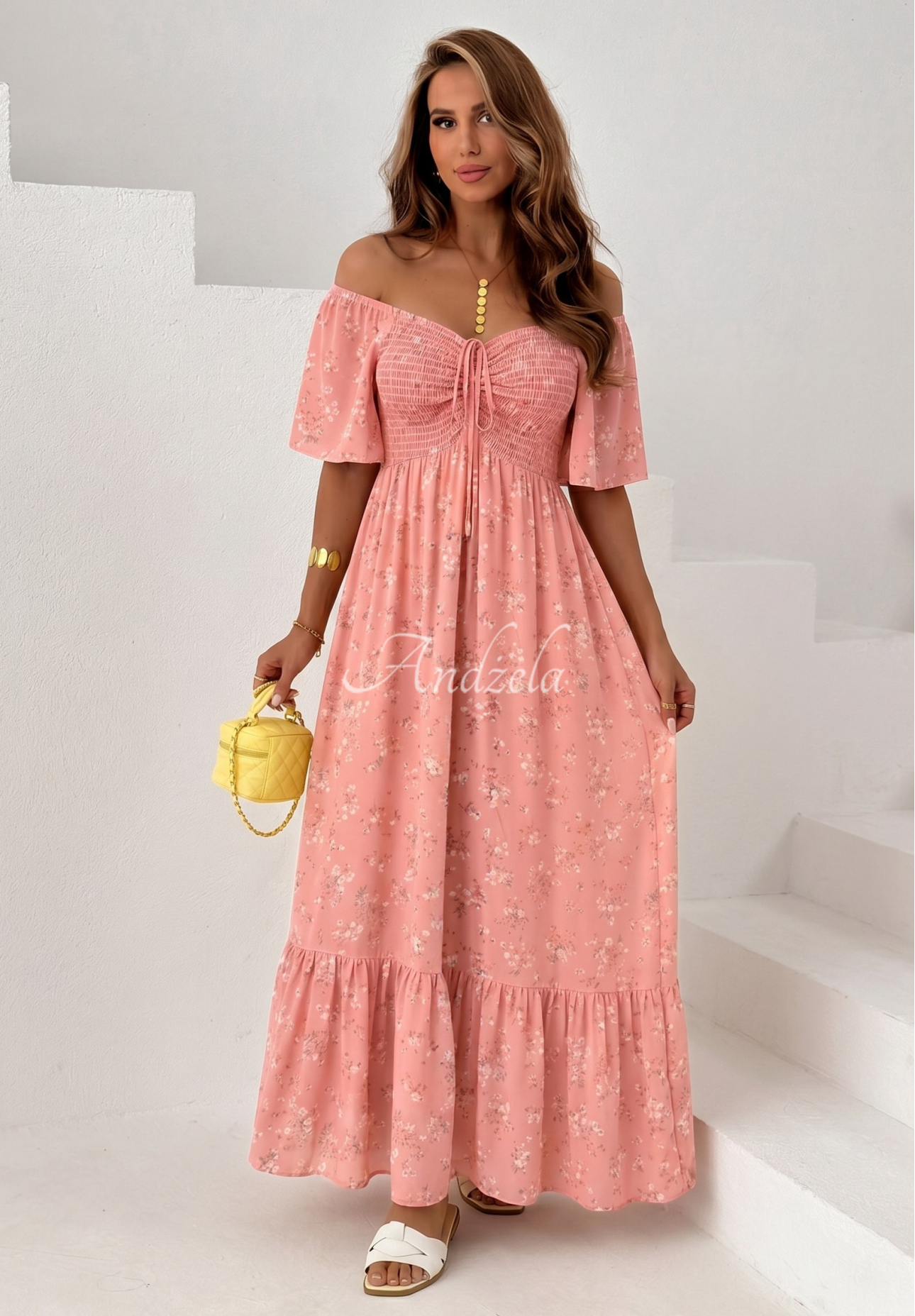 Viskose-Kleid mit Bindeband, Rüsche und Blumenmuster Summer Garden Rosa