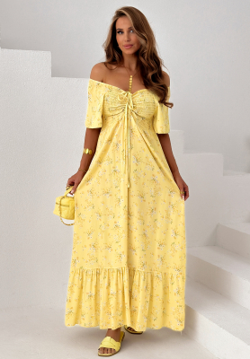 Viskose-Kleid mit Bindeband, R&uuml;sche und Blumenmuster Summer Garden Gelb