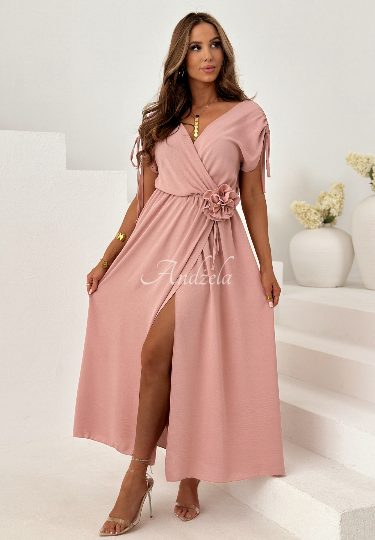 Viskose-Kleid mit Kordelzügen und einer Rose Dreamy Garden Puderrosa