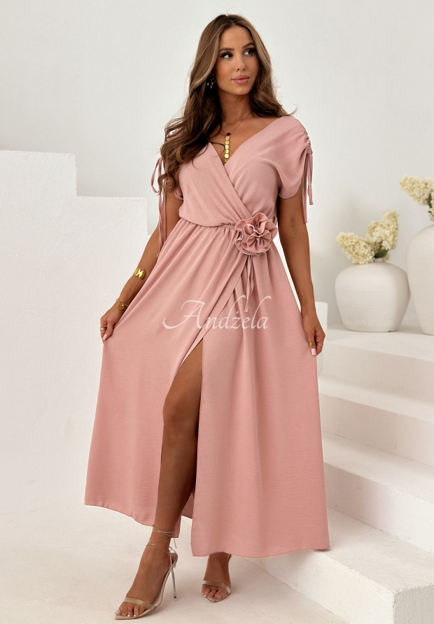 Viskose-Kleid mit Kordelz&uuml;gen und einer Rose Dreamy Garden Puderrosa