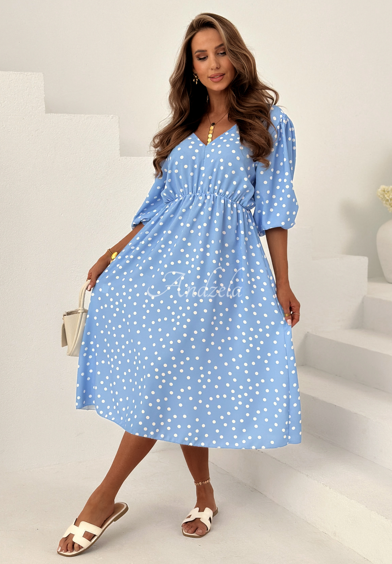 Kleid midi w Punkte z wiskozy Portofino Himmelblau