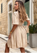 Lniana Kleid z bufkami i paskiem Capri Sunshine Beige