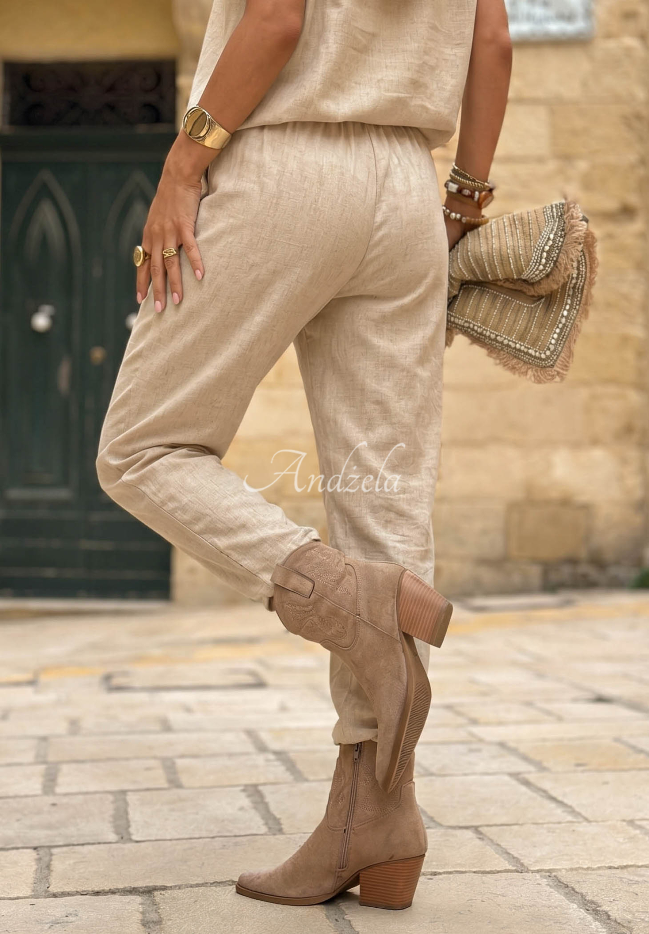 Set Bluse mit Ausschnitt und Hose aus Leinen City Safari Beige