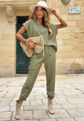 Set Bluse mit Ausschnitt und Hose aus Leinen City Safari Khaki