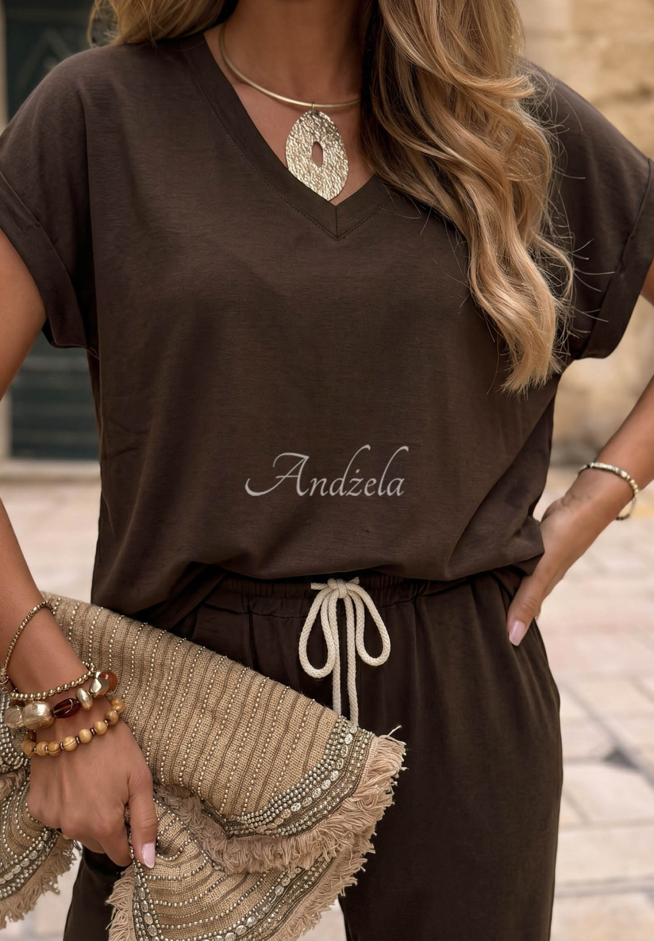Set Bluse mit Ausschnitt und Hose aus Leinen City Safari Schokoladenbraun