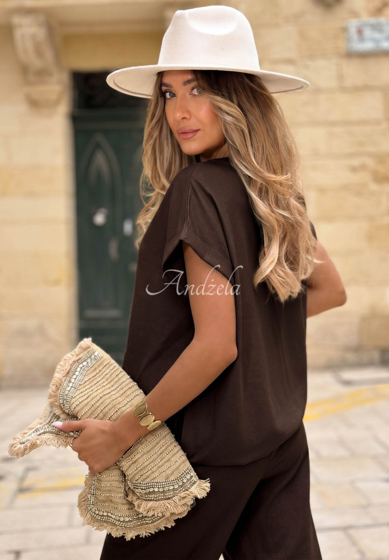 Set Bluse mit Ausschnitt und Hose aus Leinen City Safari Schokoladenbraun