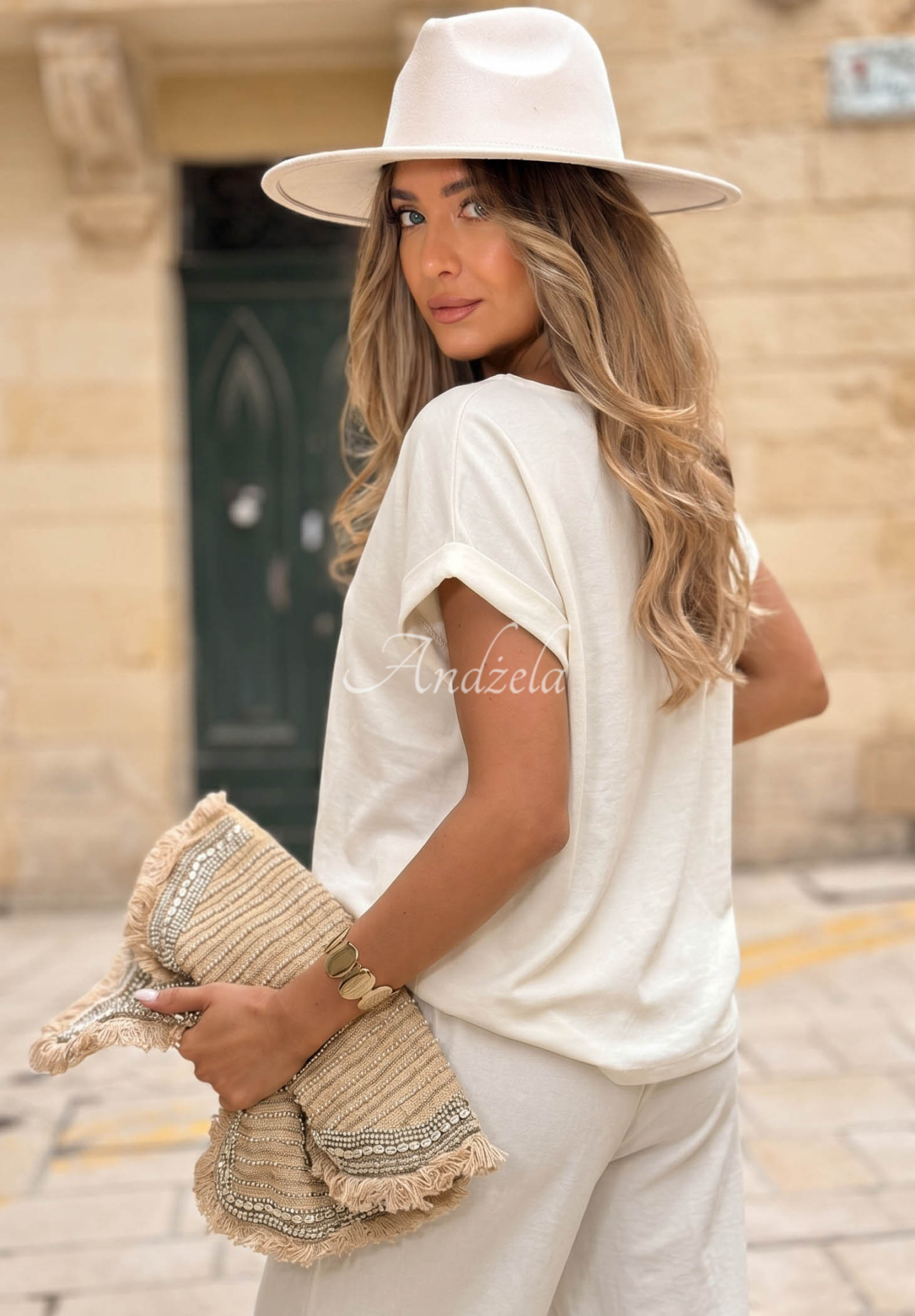 Set Bluse mit Ausschnitt und Hose aus Leinen City Safari Weiß