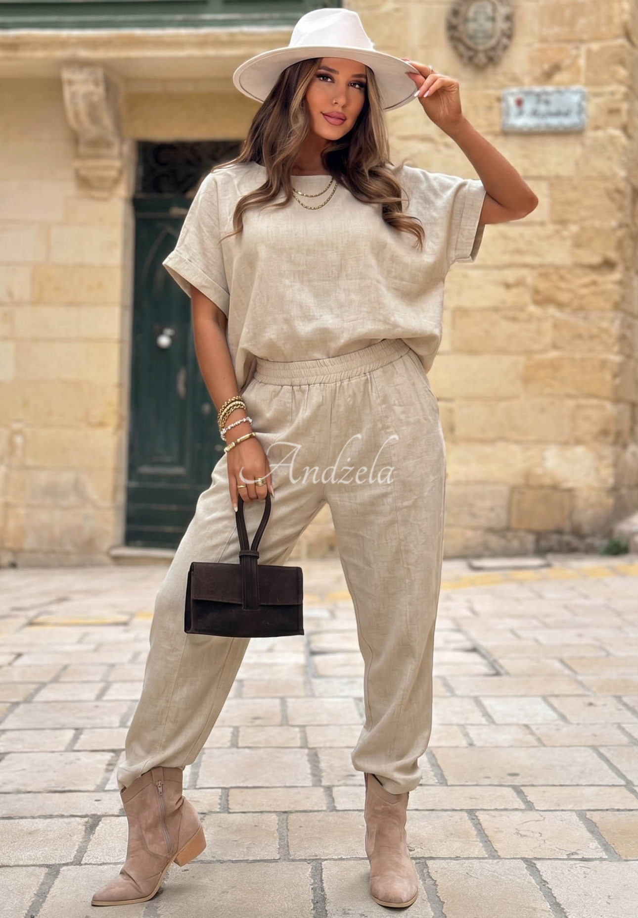 Leinen-Set Bluse und Hose City Safari Beige