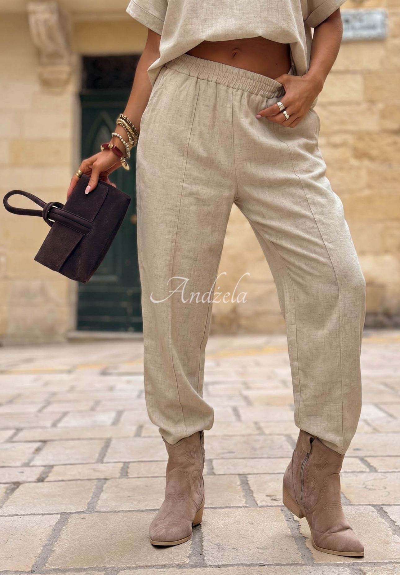 Leinen-Set Bluse und Hose City Safari Beige