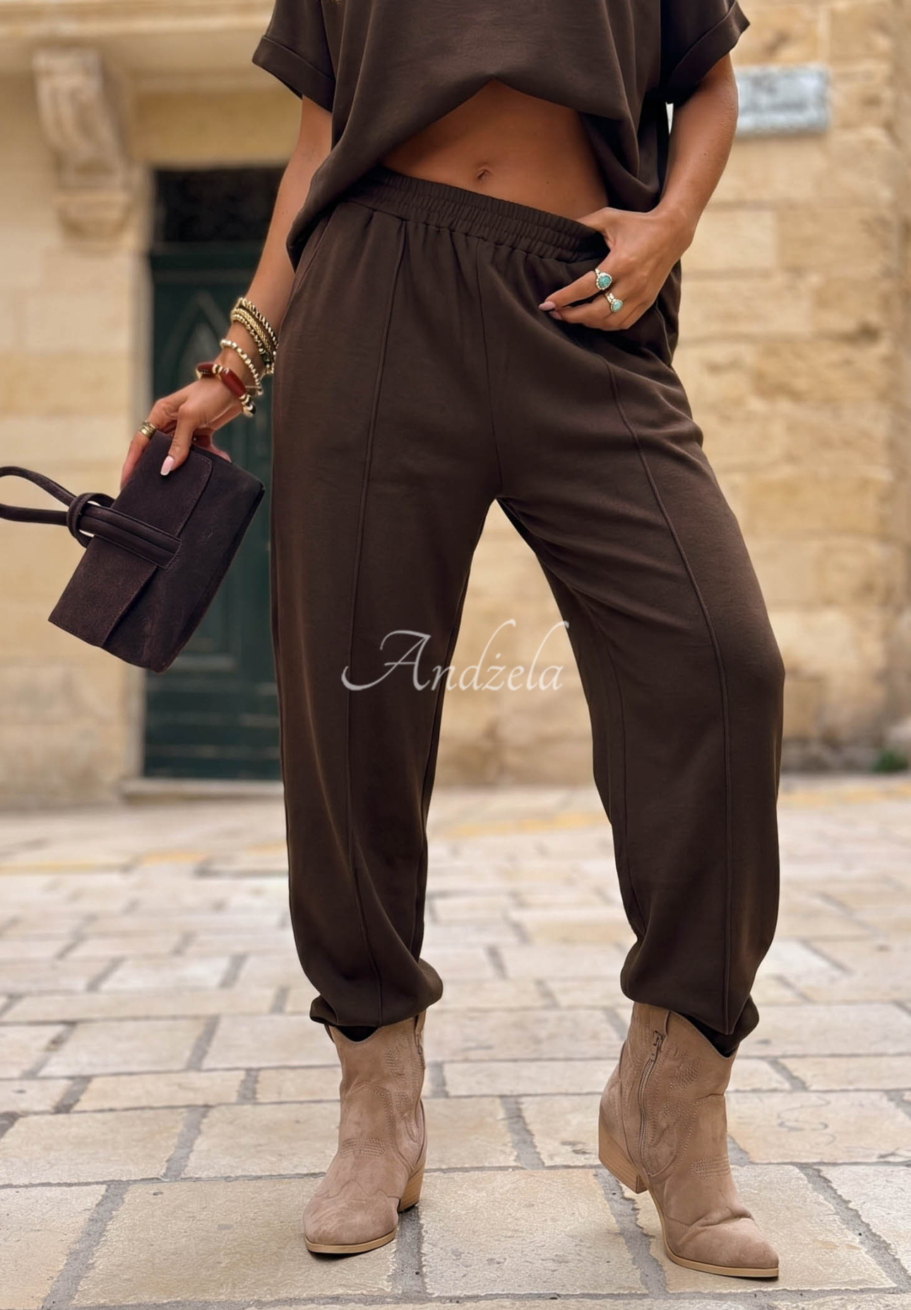 Leinen-Set Bluse und Hose City Safari Schokoladenbraun