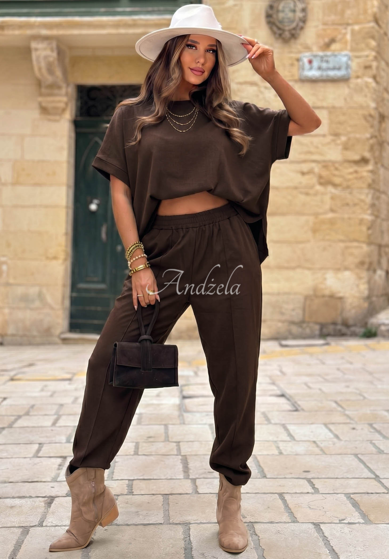 Leinen-Set Bluse und Hose City Safari Schokoladenbraun