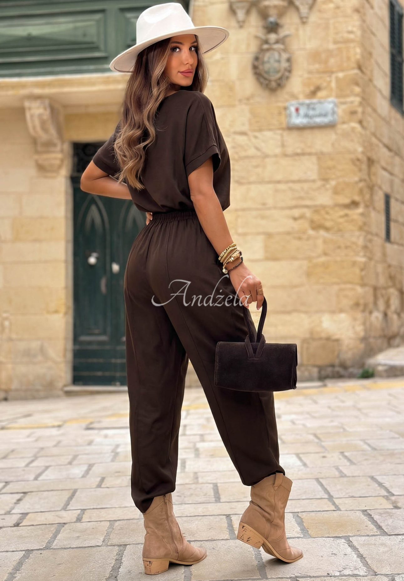 Leinen-Set Bluse und Hose City Safari Schokoladenbraun