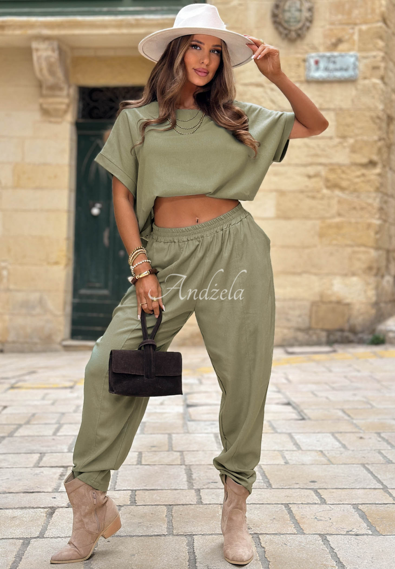 Leinen-Set Bluse und Hose City Safari Khaki