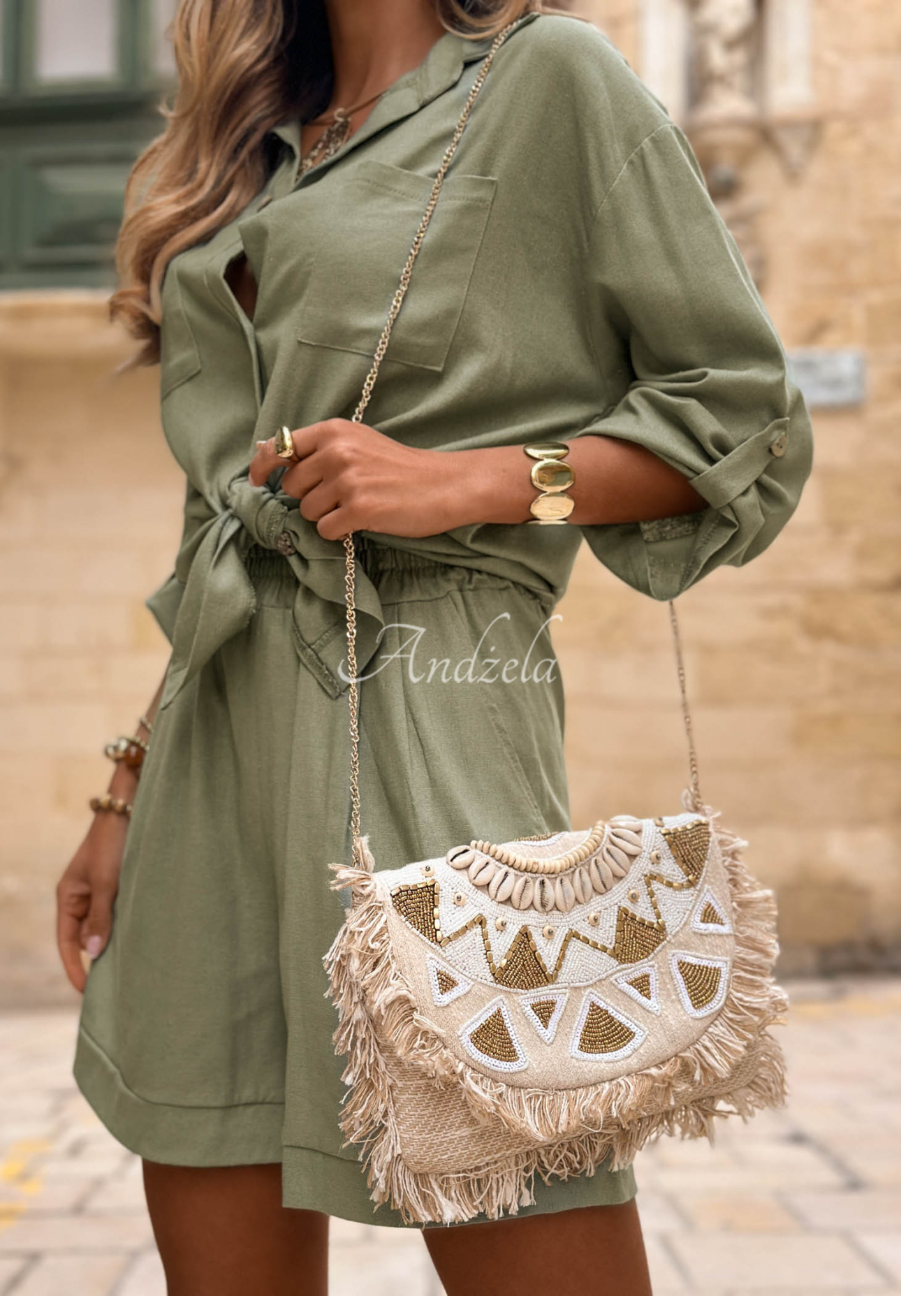 Mit Perlen bestickte Tasche mit Fransen boho Admire Sun Beige