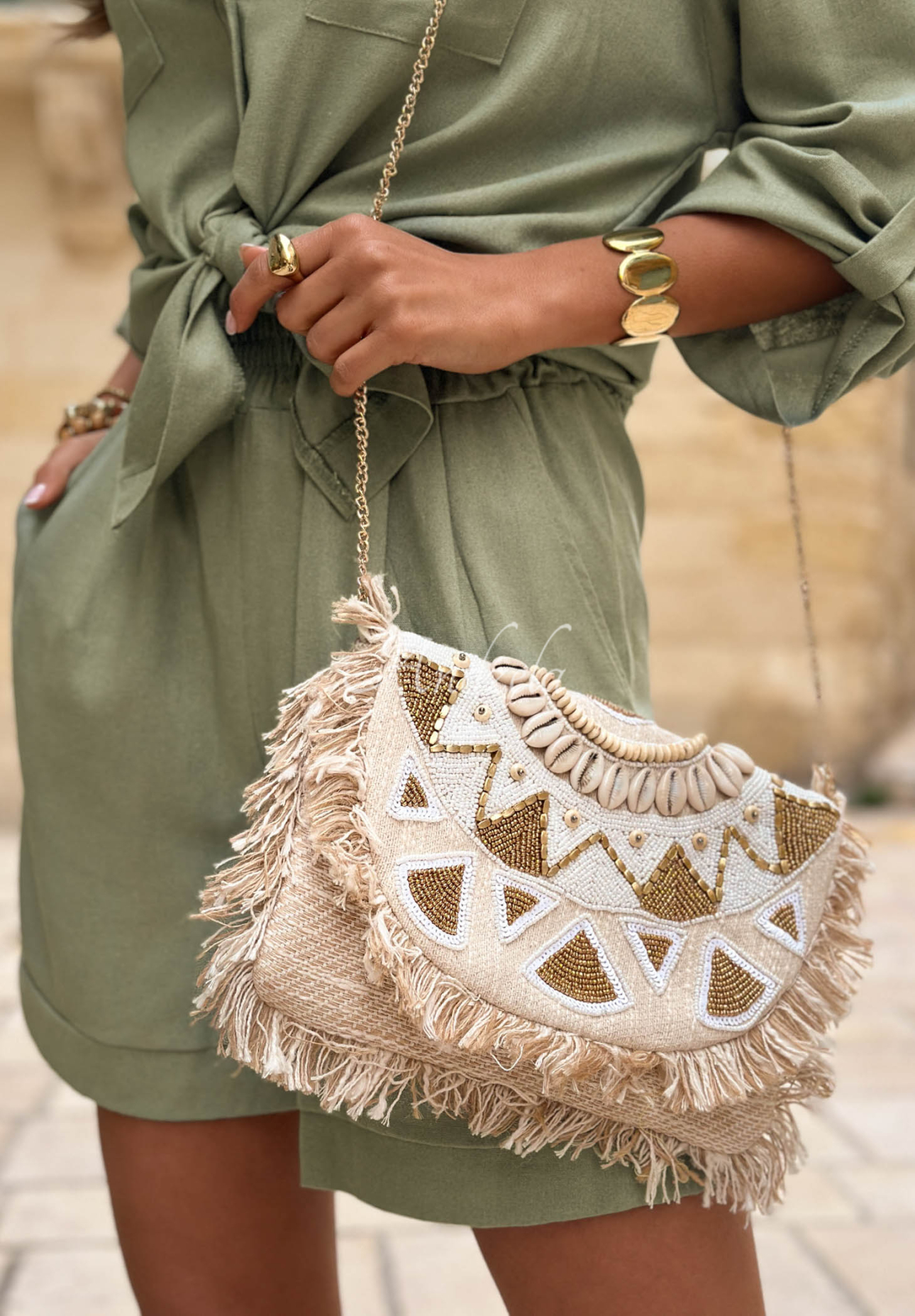 Mit Perlen bestickte Tasche mit Fransen boho Admire Sun Beige