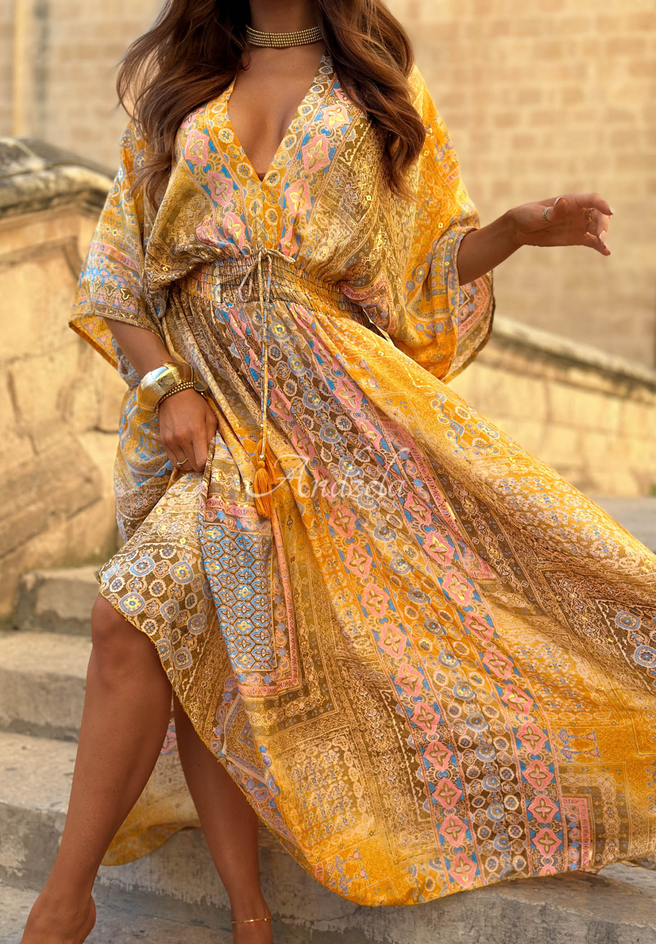 Gemustertes Maxikleid mit weiten Ärmeln Sun Rituals Gelb
