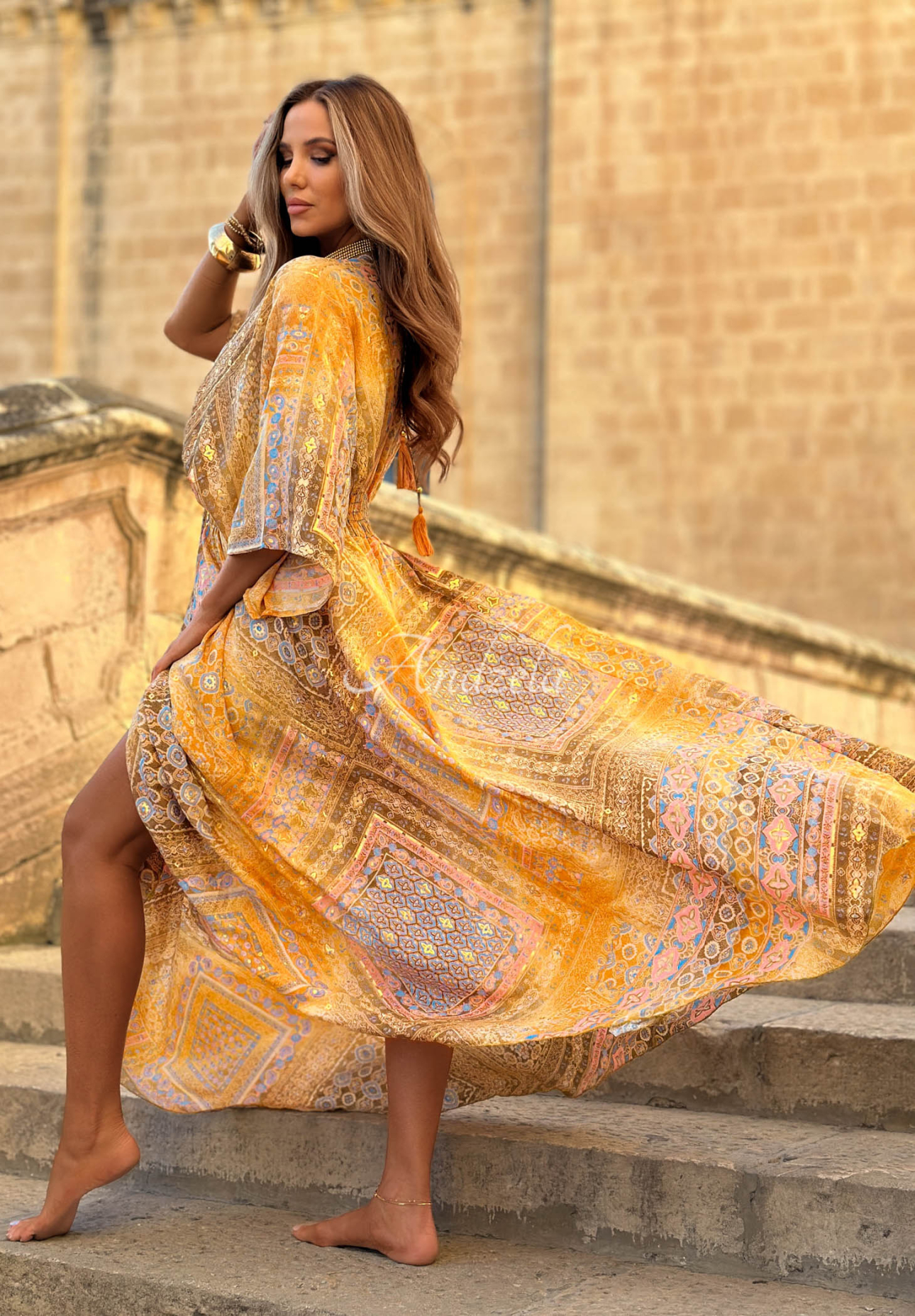 Gemustertes Maxikleid mit weiten Ärmeln Sun Rituals Gelb