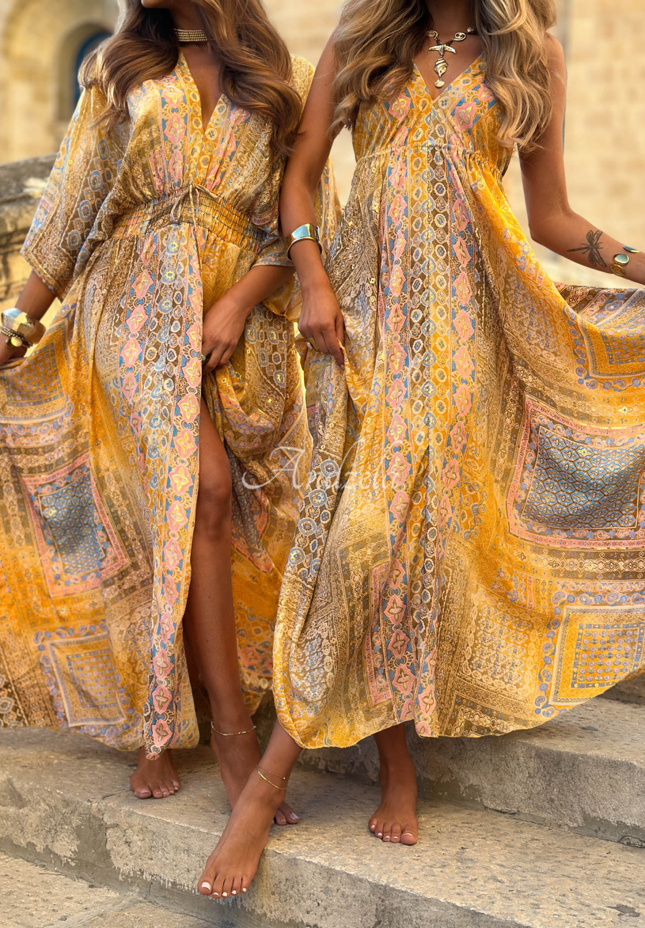 Gemustertes Maxikleid mit weiten Ärmeln Sun Rituals Gelb
