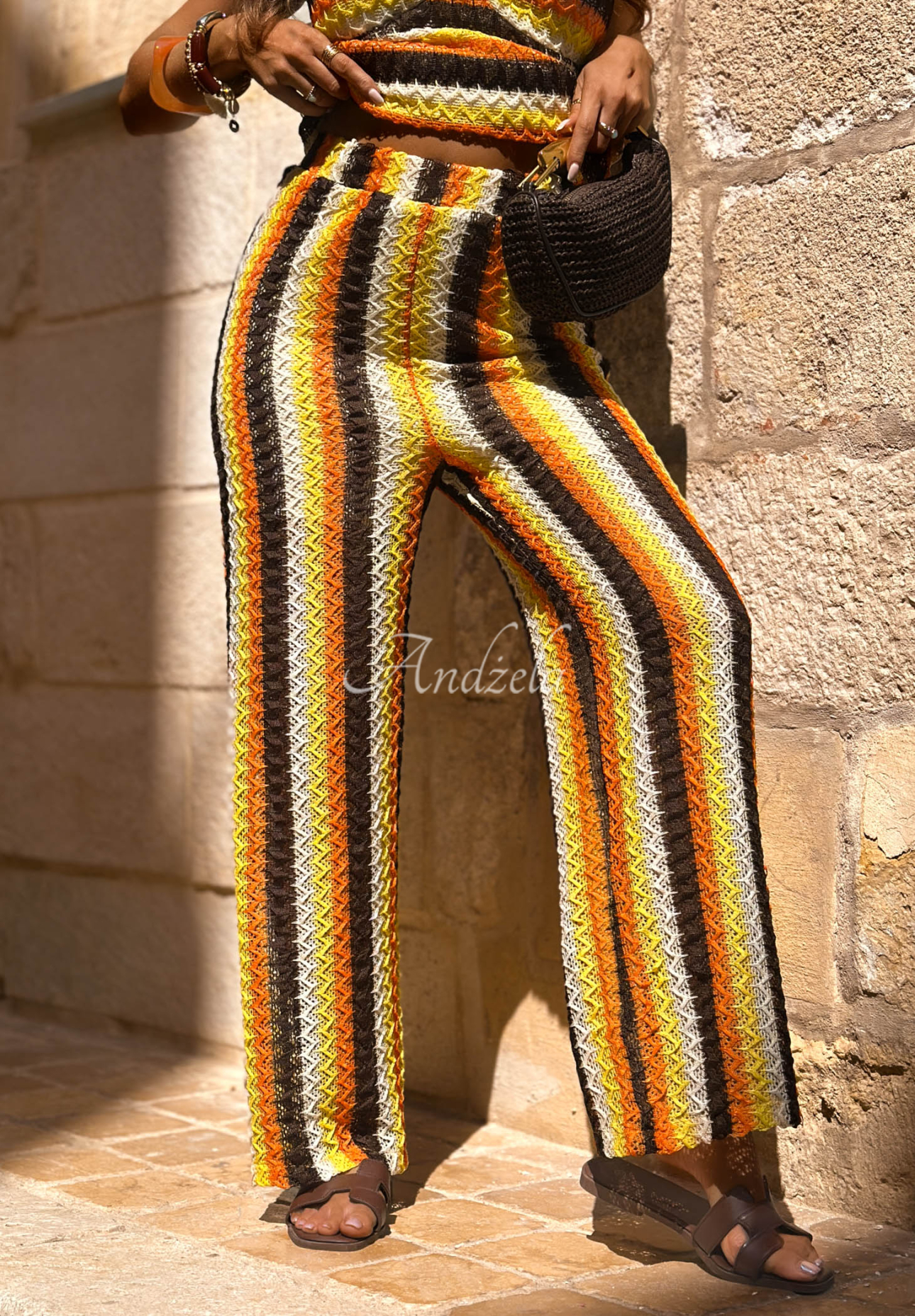 Durchbrochene Hose mit bunten Streifen Oh Mamma Mia orange-schokoladenbraun