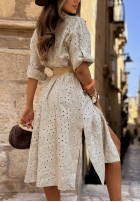 Ażurowa Kleid maxi z kołnierzem i paskiem Dolce Sol Beige