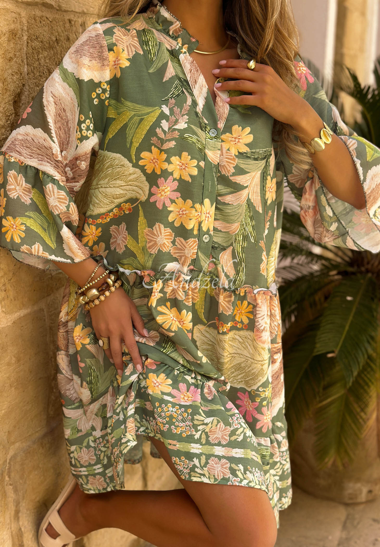 Ausgestelltes Kleid mit Blumenmuster, Leinen und Baumwolle Island Bloom Khaki