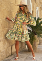 Rozkloszowana Kleid w kwiaty Island Bloom Khaki