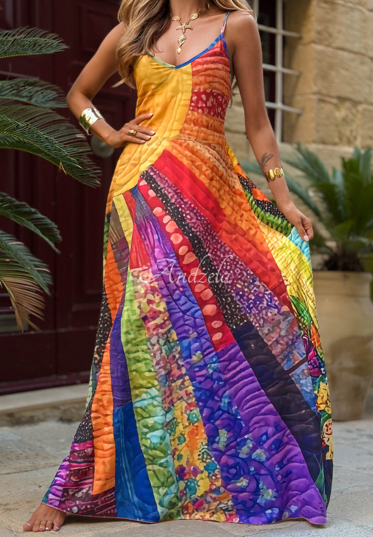 Gemustertes Maxikleid mit Trägern Summer Sun Gelb