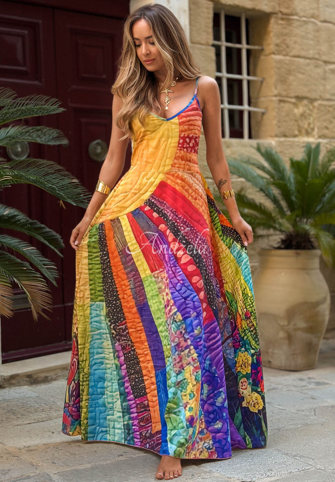 Gemustertes Maxikleid mit Trägern Summer Sun Gelb
