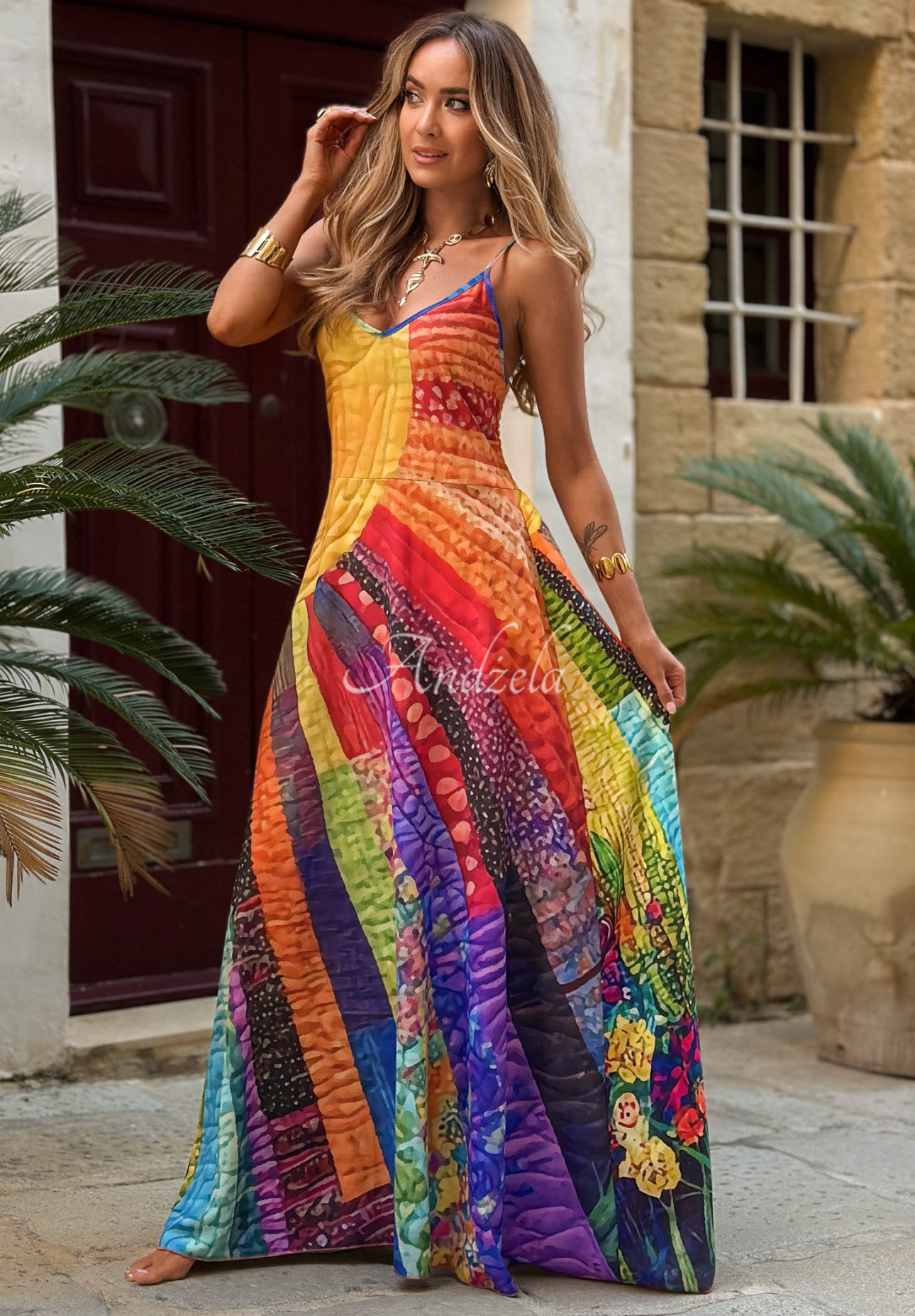 Gemustertes Maxikleid mit Trägern Summer Sun Gelb