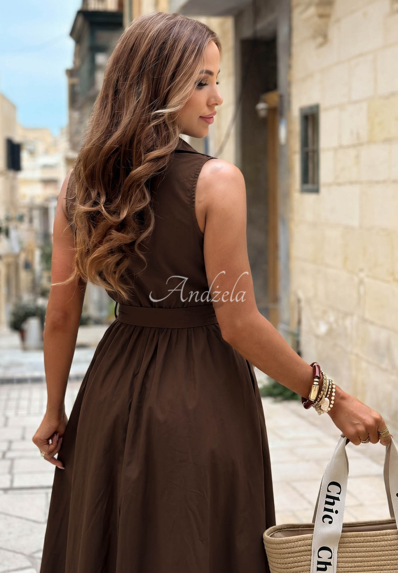 Midi-Kleid aus Baumwolle mit Gürtel Desert Muse Schokoladenbraun