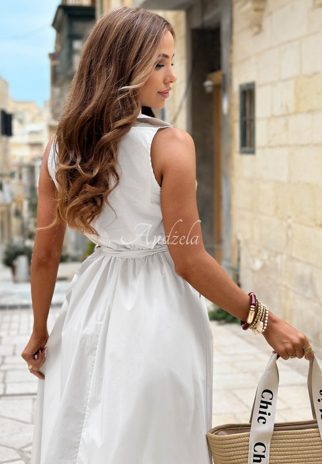 Midi-Kleid aus Baumwolle mit Gürtel Desert Muse Weiß