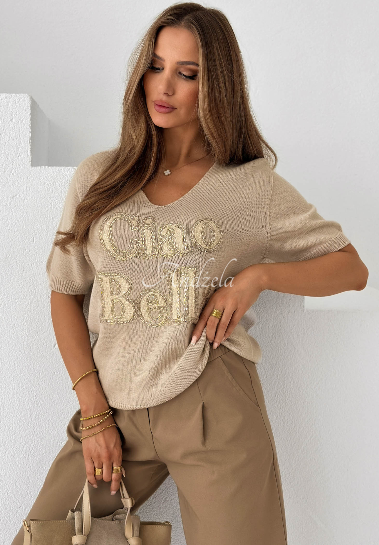 Kurzarmpullover aus Baumwolle mit Aufdruck Ciao Bella Beige