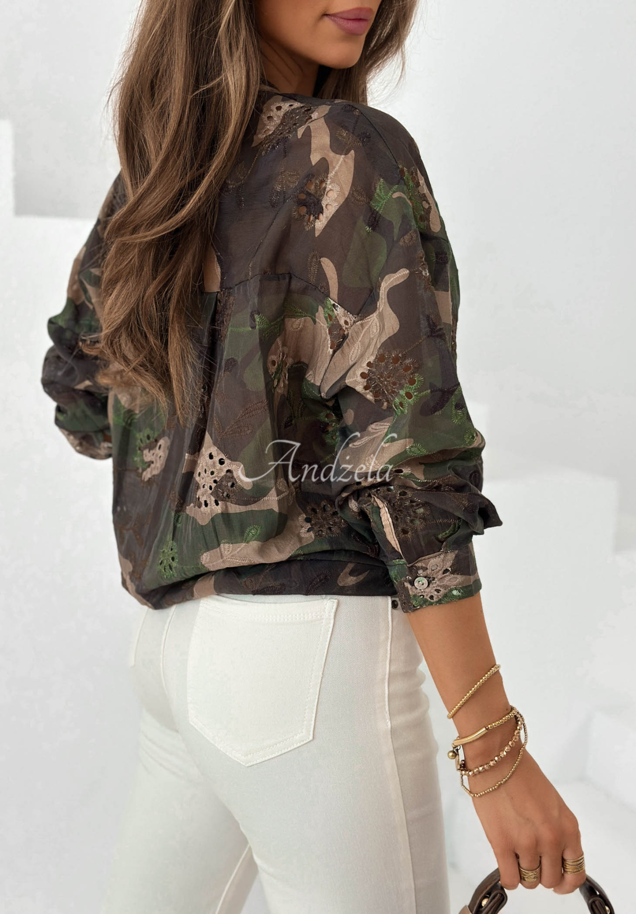 Durchbrochenes Lyocell-Hemd mit Tarnmuster Forest Kiss Khaki