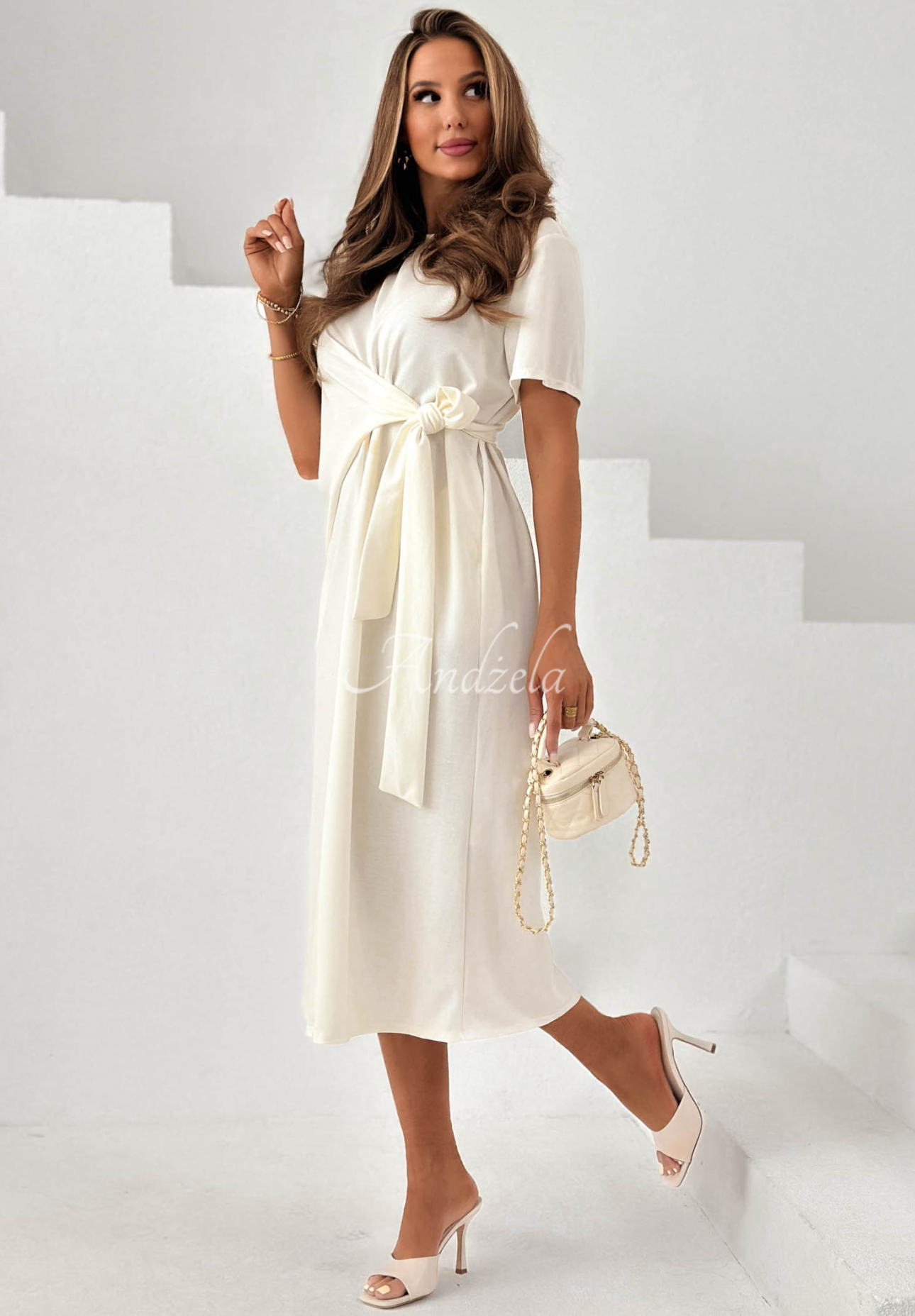 Midikleid aus Viskose mit Bindeband Stay With You Ecru