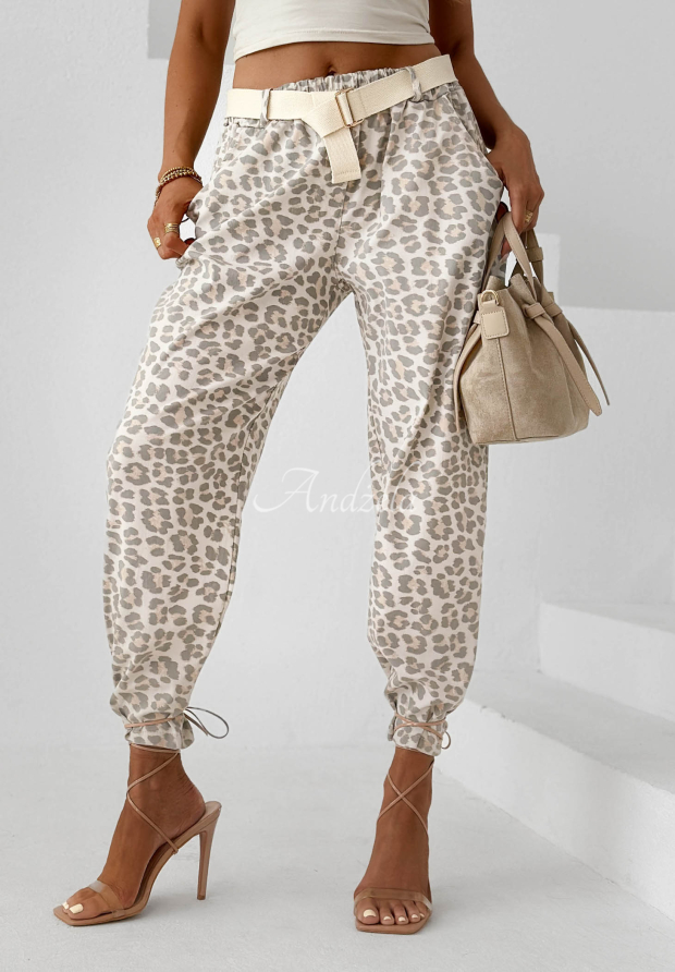 Viskosehose mit Leopardenmusterg&uuml;rtel Tropical Trip Beige